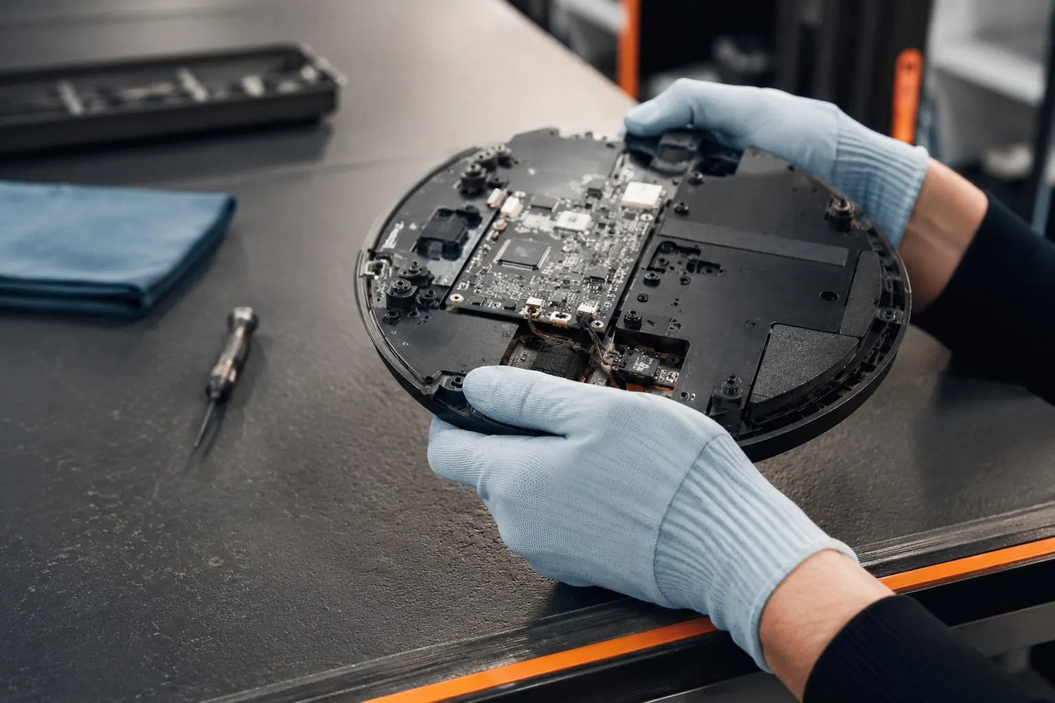 PST repair — robot vacuum internals being serviced with precision