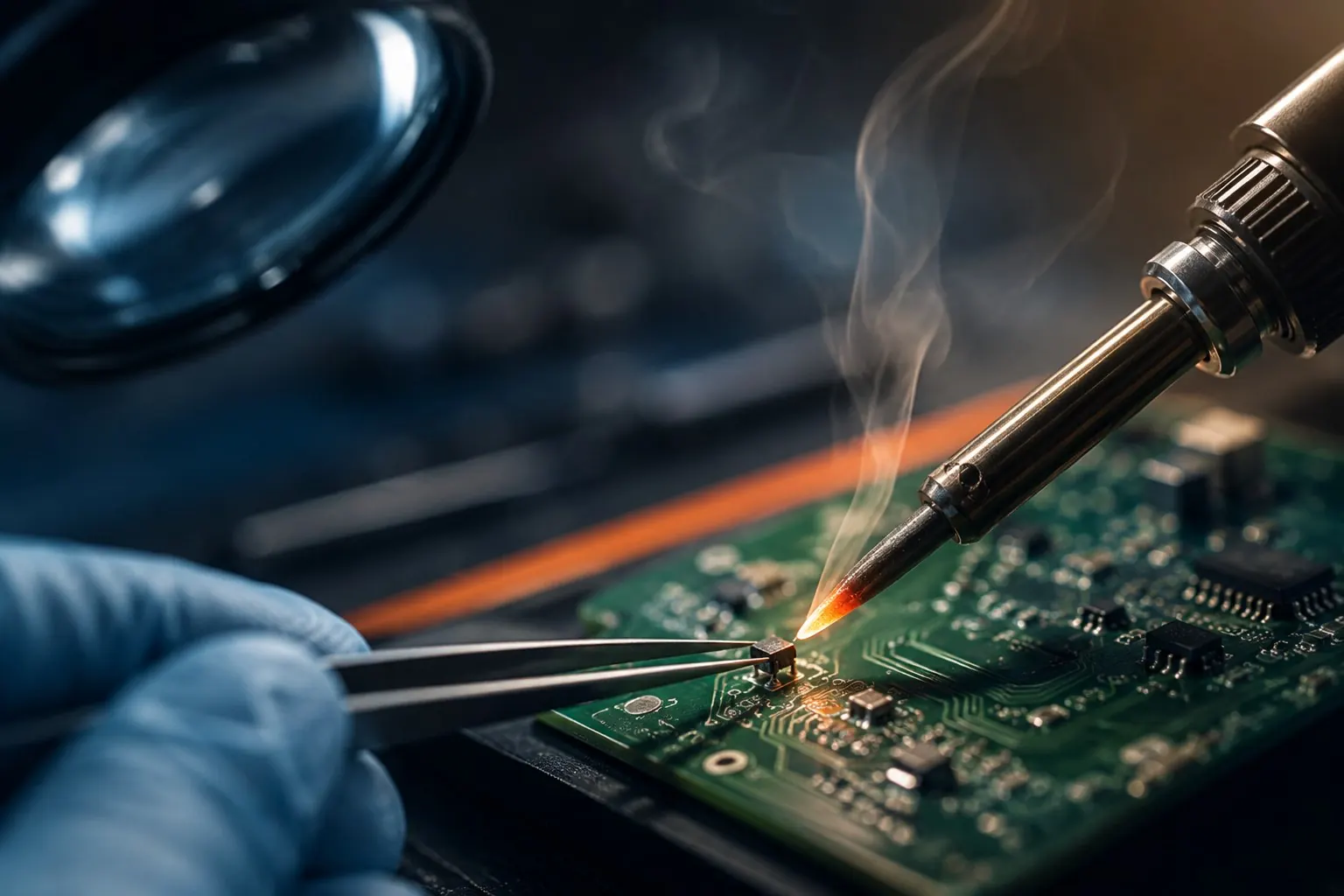 PST electronics repair — precision soldering on a circuit board